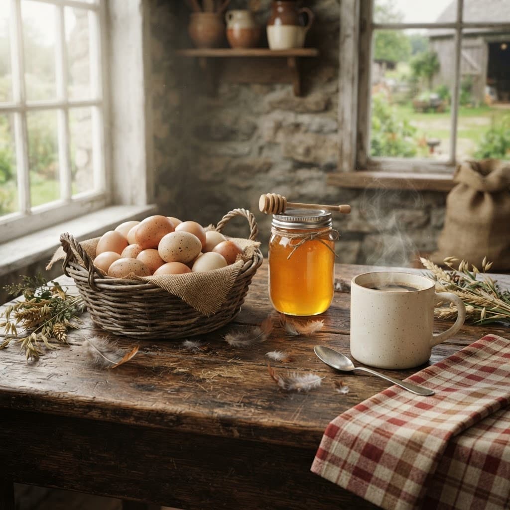 Cesta de ovos, pote de mel e café numa mesa de fazenda